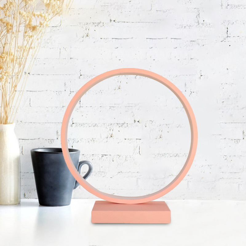 Modern Red/Pink Aluminum Circle Ring Table Light - Plug In Led Nightstand Lamp With Adjustable