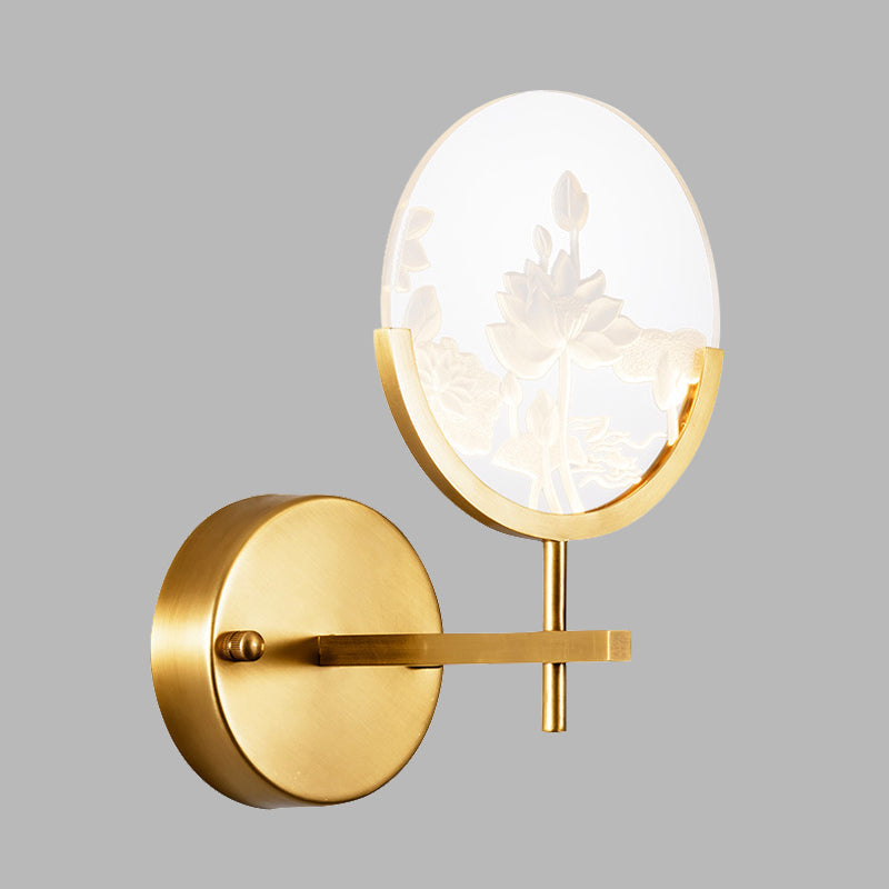 Modern Gold Circle Panel Led Wall Sconce With Lotus Pattern In White/Warm Light