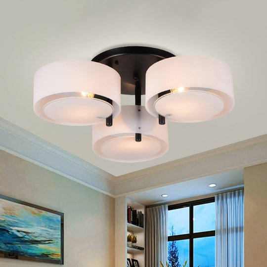 Modern 3-Head Semi Flush Mount Ceiling Light for Living Room in White Drum Shape