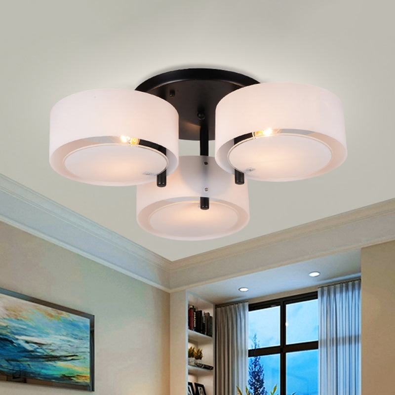 Modern 3-Head Semi Flush Mount Ceiling Light For Living Room In White Drum Shape