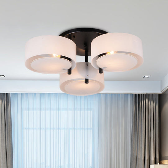 Modern 3-Head Semi Flush Mount Ceiling Light for Living Room in White Drum Shape