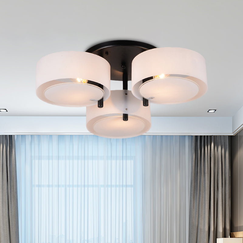 Modern 3-Head Semi Flush Mount Ceiling Light For Living Room In White Drum Shape