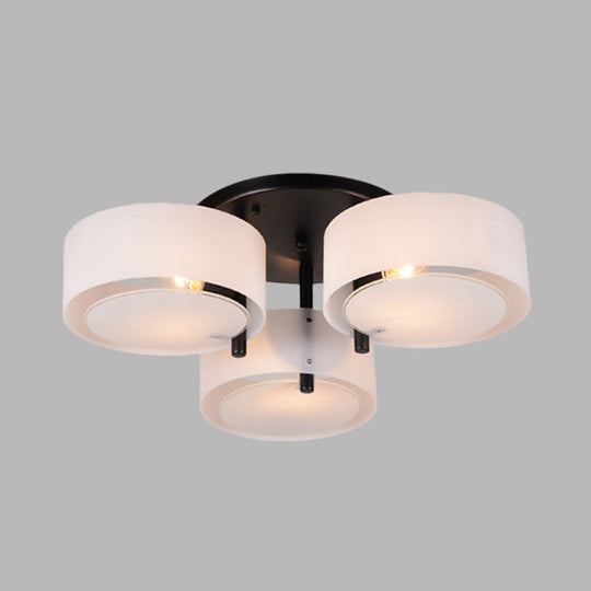 Modern 3-Head Semi Flush Mount Ceiling Light for Living Room in White Drum Shape