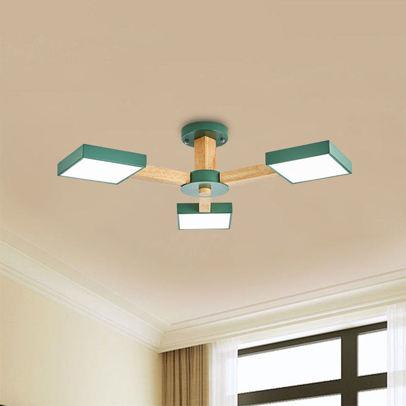 Modern Square Wood Semi Flush Mount Ceiling Lamp with 3 Radial Green Finish Lights