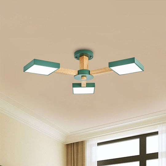 Modern Square Wood Semi Flush Mount Ceiling Lamp With 3 Radial Green Finish Lights