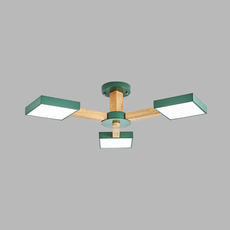 Modern Square Wood Semi Flush Mount Ceiling Lamp with 3 Radial Green Finish Lights