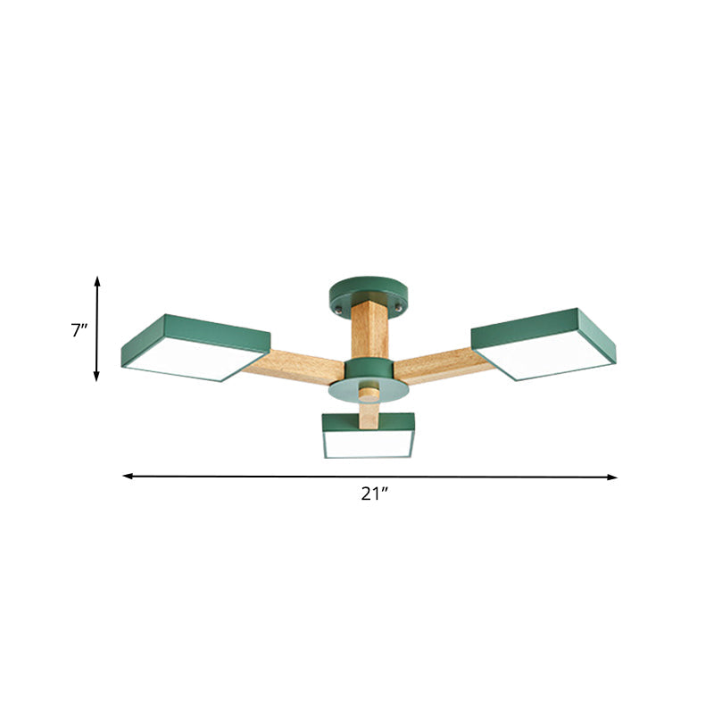 Modern Square Wood Semi Flush Mount Ceiling Lamp with 3 Radial Green Finish Lights