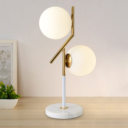 Contemporary Opal Glass Globe Table Lamp With Marble Base - 2 Lights White Nightstand Light