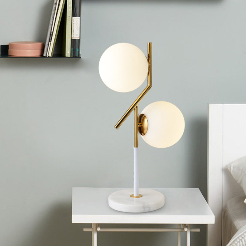 Contemporary Opal Glass Globe Table Lamp With Marble Base - 2 Lights White Nightstand Light