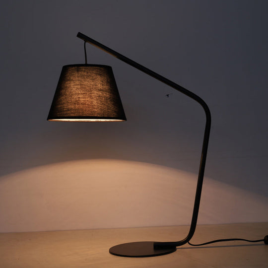 Modern Black Conical Fabric Table Lamp With Curved Arm For Bedroom