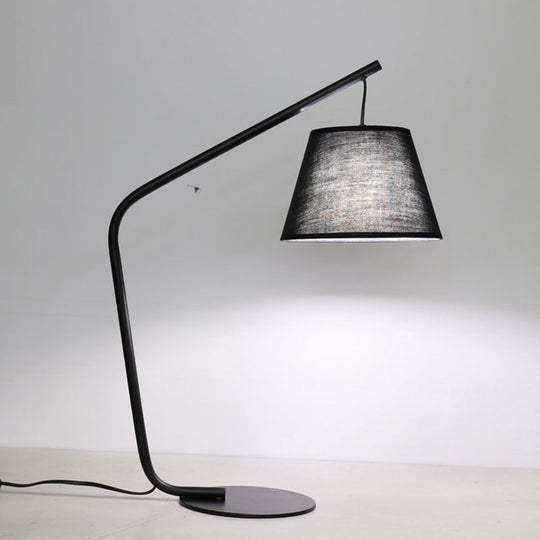 Modern Black Conical Fabric Table Lamp With Curved Arm For Bedroom