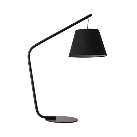 Modern Black Conical Fabric Table Lamp With Curved Arm For Bedroom