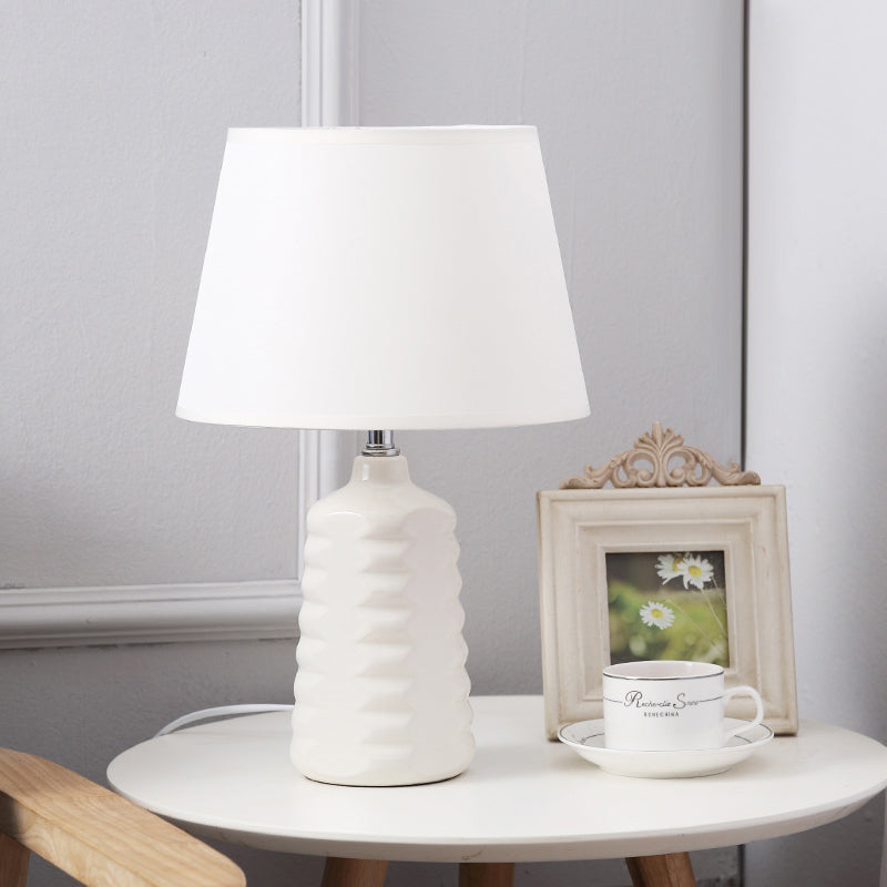 Sleek Fabric Cone Nightstand Lamp With White Ceramic Base - Perfect For Living Room Tables