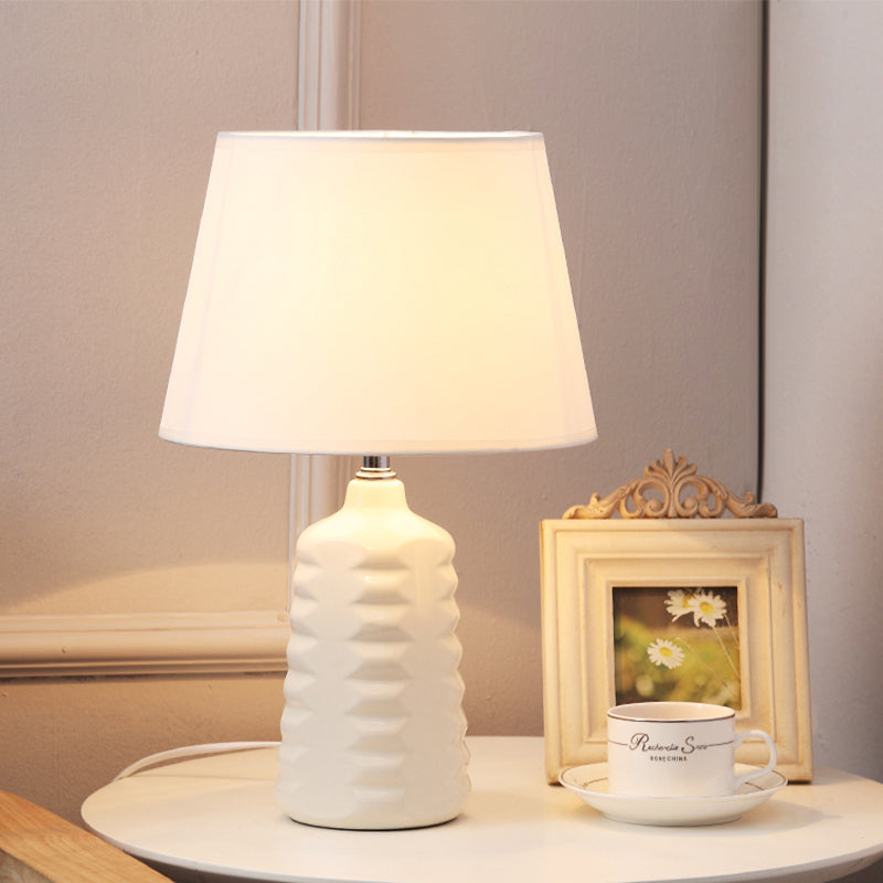 Sleek Fabric Cone Nightstand Lamp With White Ceramic Base - Perfect For Living Room Tables