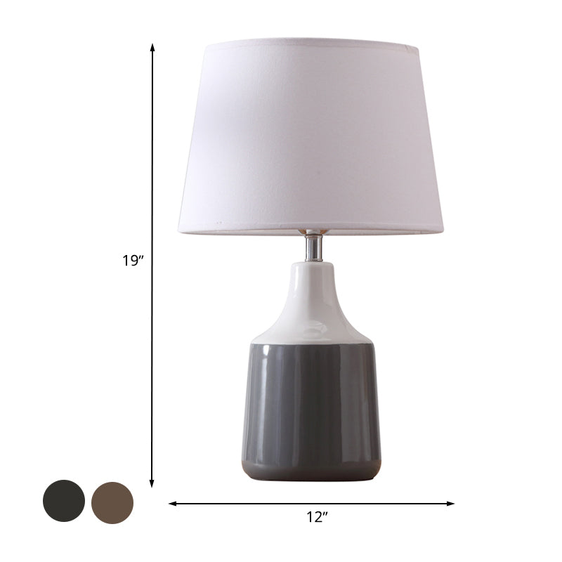 Ceramic 1-Light Bedside Table Lamp In Modern Tapered Drum Design Brown/White And Gray With Fabric