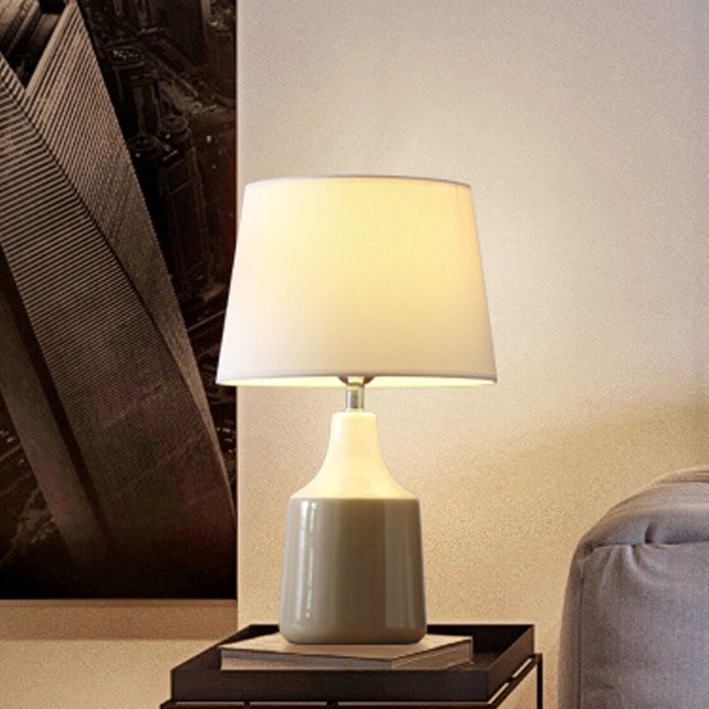 Ceramic 1-Light Bedside Table Lamp In Modern Tapered Drum Design Brown/White And Gray With Fabric