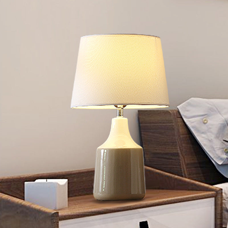 Ceramic 1-Light Bedside Table Lamp In Modern Tapered Drum Design Brown/White And Gray With Fabric