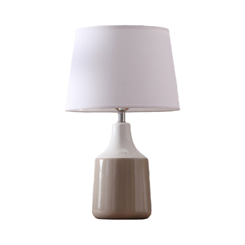 Ceramic 1-Light Bedside Table Lamp In Modern Tapered Drum Design Brown/White And Gray With Fabric