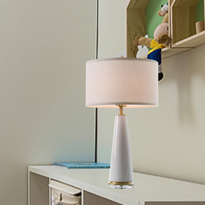 Simplicity White Ceramic Base Nightstand Lamp With Fabric Drum Shade - 1-Head Design