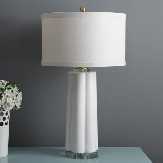 Modern Ceramic Round Fabric Nightstand Lamp - White Finish 1 Head