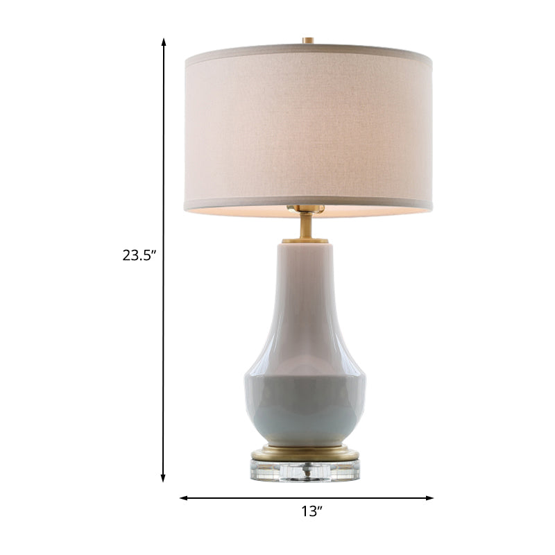 White Drum Table Light - Modernist Fabric Night Lighting With Ceramic Vase Base