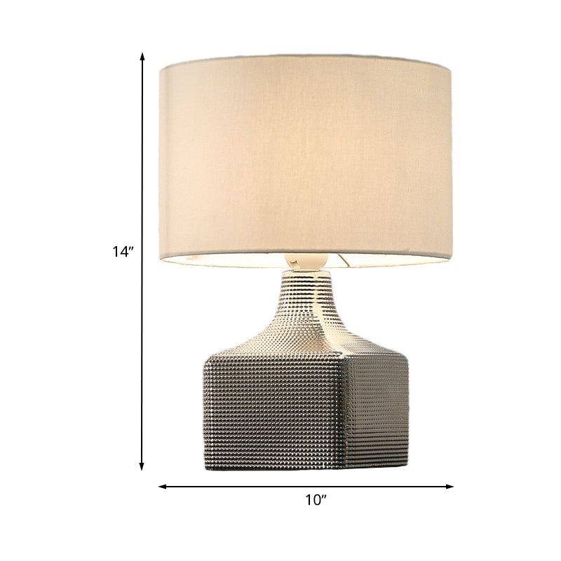 Contemporary 1-Light White Night Light With Drum Shade Fabric And Cubic Base