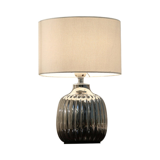 Minimal White Ceramic Table Light- 14/15 L 1 Bulb With Drum Fabric Shade- Ideal For Bedroom Night