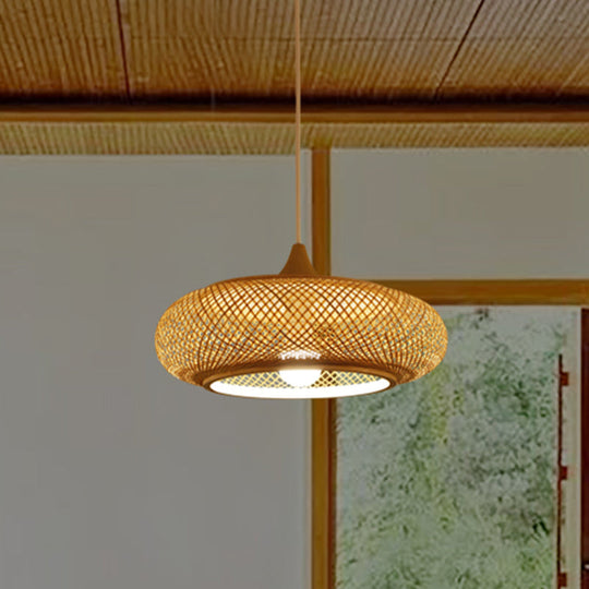 Modern Round Bamboo Pendant Lamp For Tea Room - Beige Ceiling Light