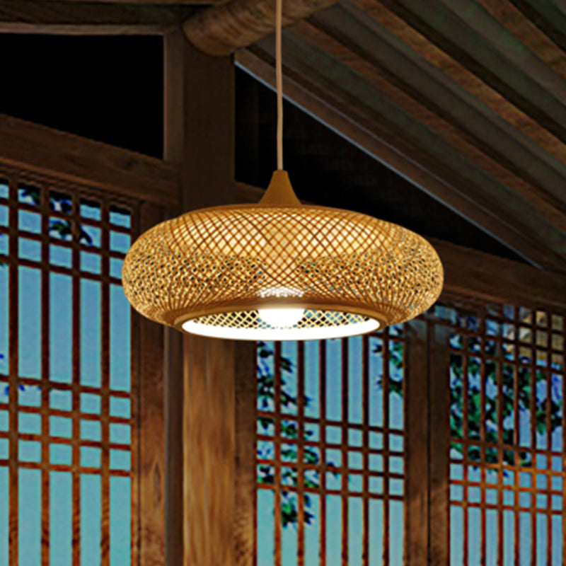 Modern Round Bamboo Pendant Lamp For Tea Room - Beige Ceiling Light