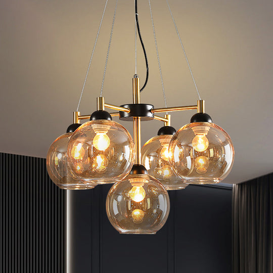 Modern Amber/Smoke Grey Glass Chandelier with Black Finish - 5 Head Pendant Lighting Fixture