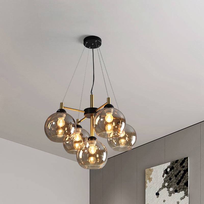 Modern Amber/Smoke Grey Glass Chandelier with Black Finish - 5 Head Pendant Lighting Fixture