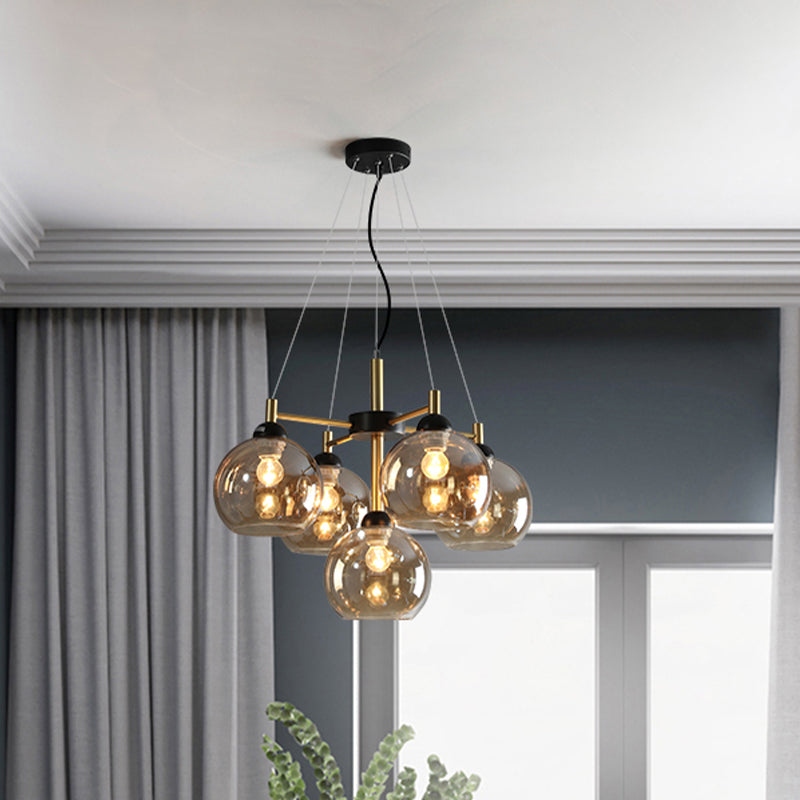 Modern Amber/Smoke Grey Glass Chandelier with Black Finish - 5 Head Pendant Lighting Fixture