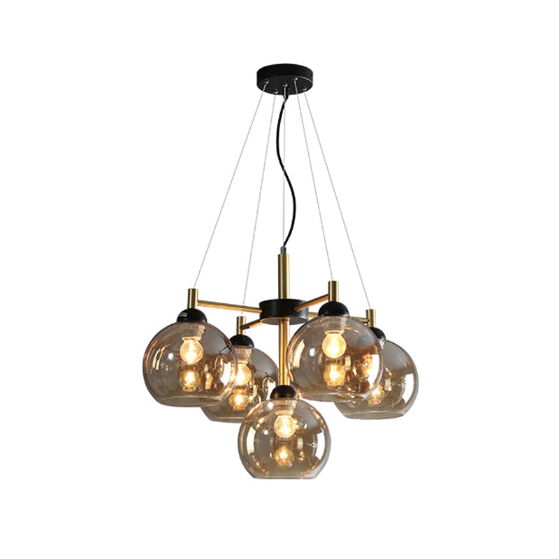 Modern Amber/Smoke Grey Glass Chandelier with Black Finish - 5 Head Pendant Lighting Fixture