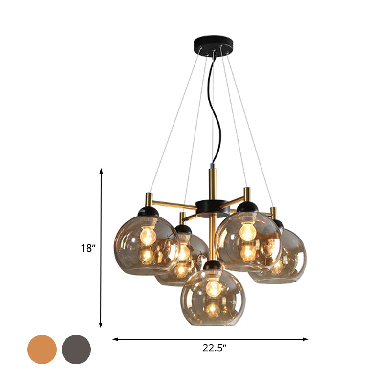 Modern Amber/Smoke Grey Glass Chandelier with Black Finish - 5 Head Pendant Lighting Fixture