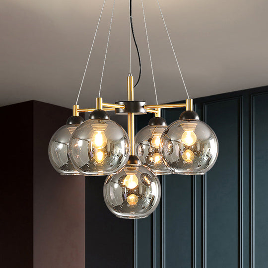 Modern Amber/Smoke Grey Glass Chandelier with Black Finish - 5 Head Pendant Lighting Fixture