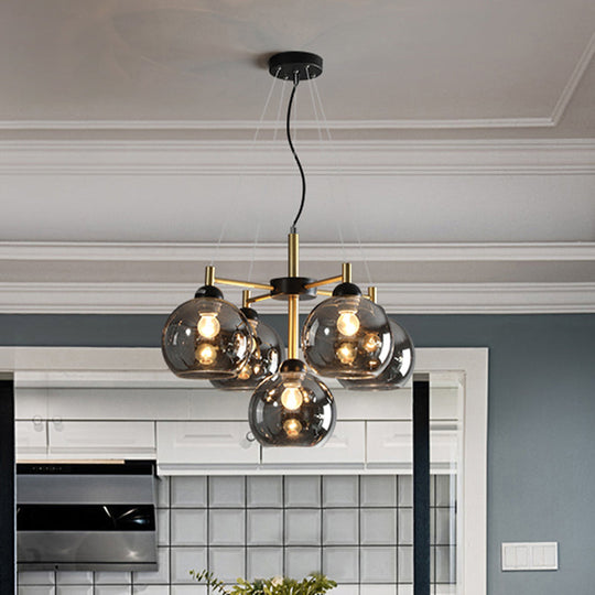 Modern Amber/Smoke Grey Glass Chandelier with Black Finish - 5 Head Pendant Lighting Fixture