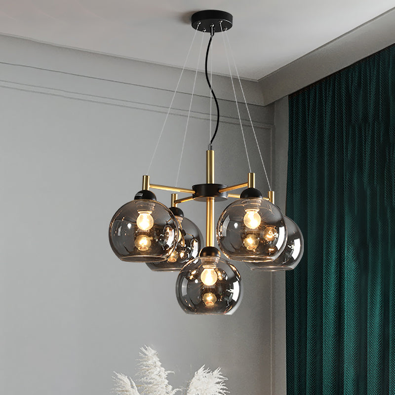 Modern Amber/Smoke Grey Glass Chandelier with Black Finish - 5 Head Pendant Lighting Fixture