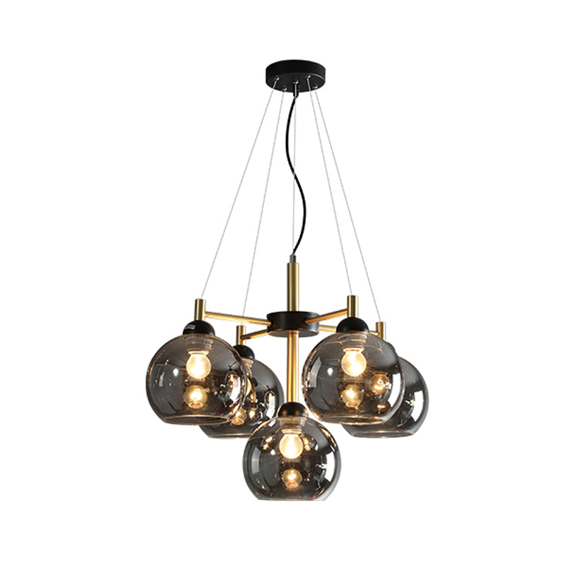 Modern Amber/Smoke Grey Glass Spherical Chandelier With 5 Black Pendant Light Heads