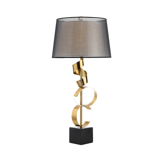 Modernist Barrel Table Light: 1-Head Bedroom Nightstand Lamp In Black And Gold With Silk Ribbon Deco