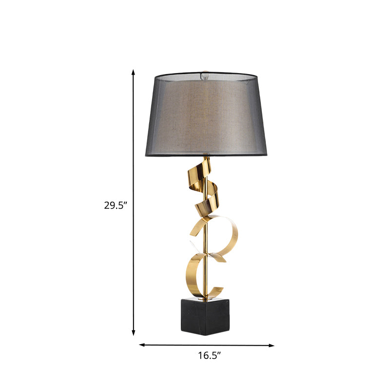 Modernist Barrel Table Light: 1-Head Bedroom Nightstand Lamp In Black And Gold With Silk Ribbon Deco