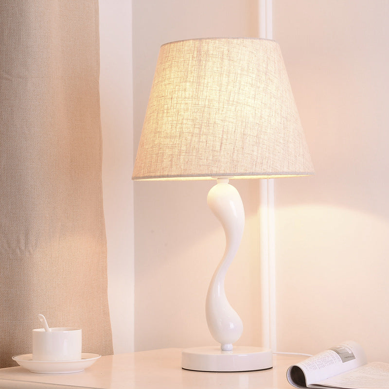 Contemporary Metal Bedside Lamp With Waving Nightstand Light Flaxen Fabric Shade And 1 Bulb