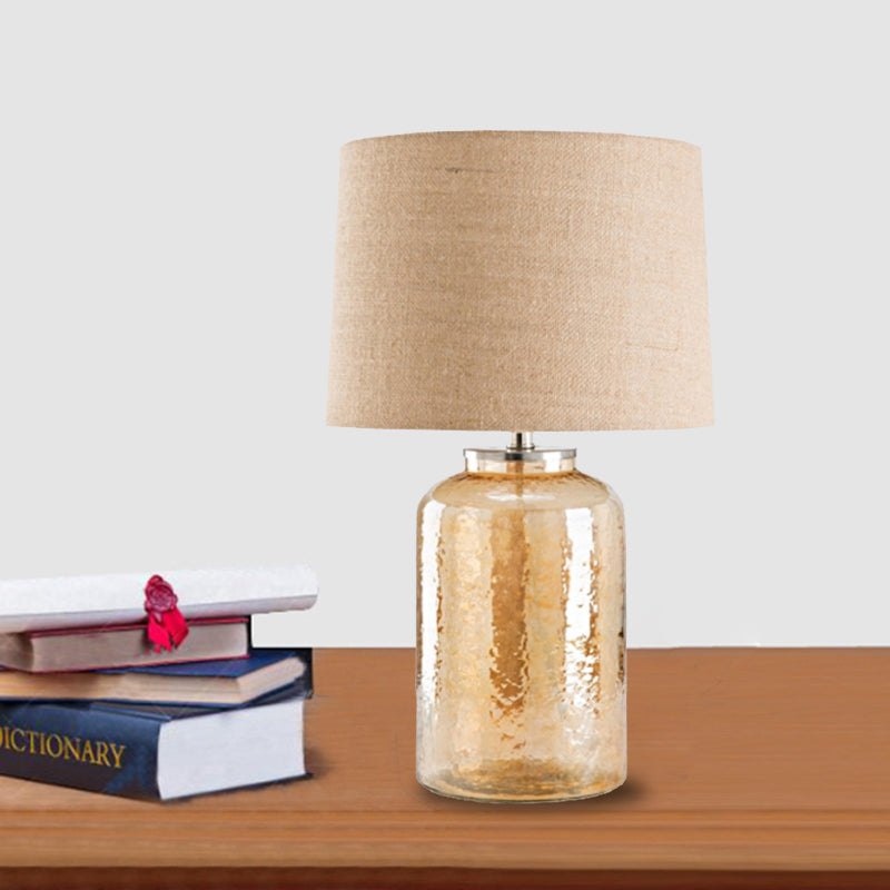 Amber Glass Jar Table Lamp: Contemporary Bedside Nightstand Light With Flaxen Fabric Shade