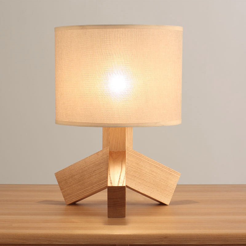 Modern Beige Desk Lamp - Tripod Base Wood Night Table Light With Drum Fabric Shade