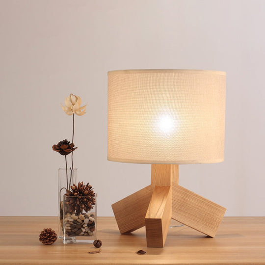 Modern Beige Desk Lamp - Tripod Base Wood Night Table Light With Drum Fabric Shade