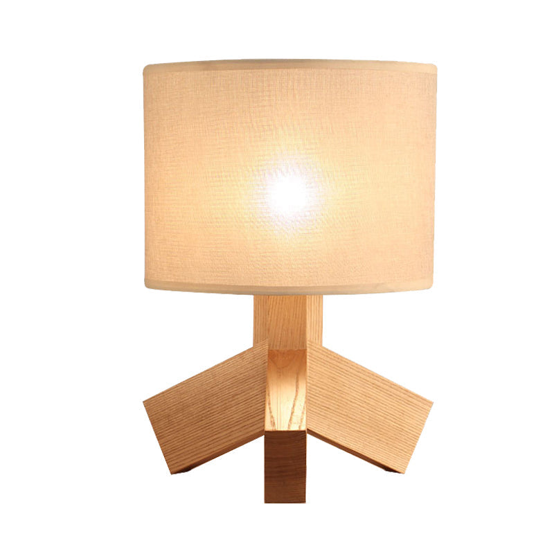 Modern Beige Desk Lamp - Tripod Base Wood Night Table Light With Drum Fabric Shade