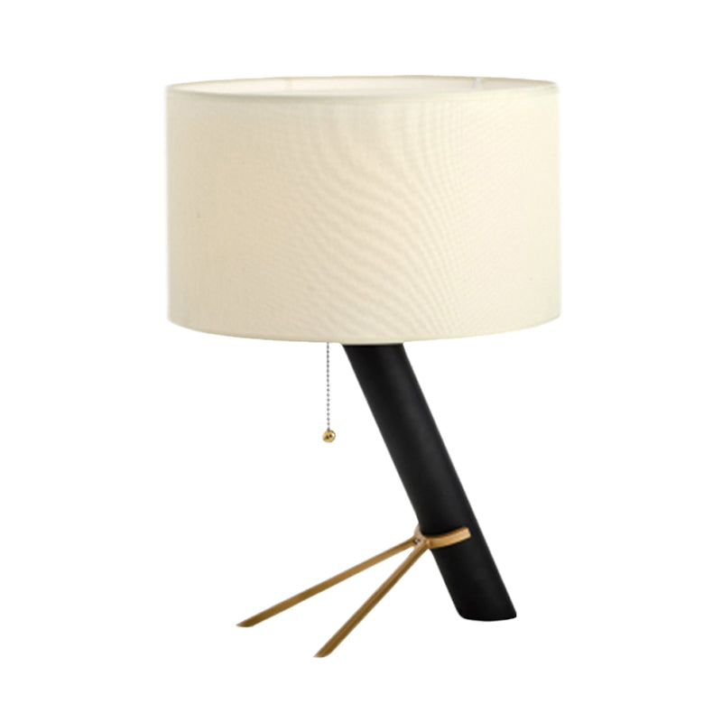 Modern White Drum Night Table Lamp With Pull Chain - Creative Fabric Desk Light (1-Bulb)