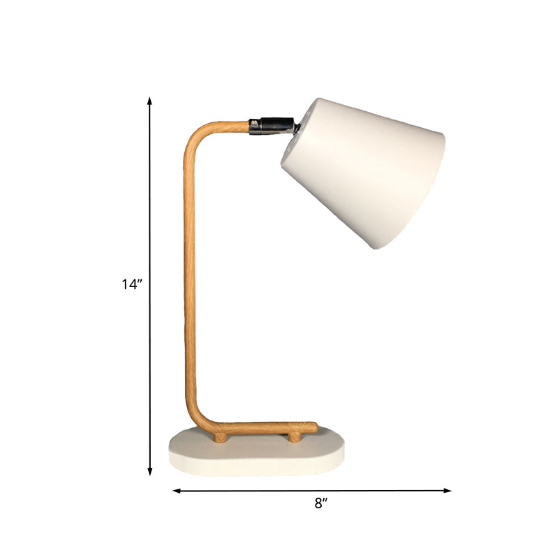 Modern Metal Conical Reading Book Light - White Table Lamp With Slim Wood Arm