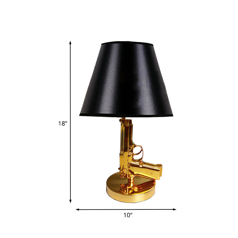 Modernist Black Barrel Shade Table Light With Gold Gun-Shaped Body - 1-Head Fabric Desk Lamp