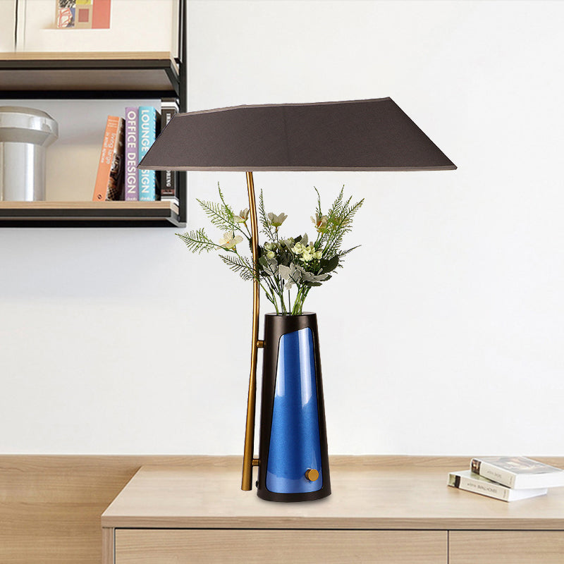 Modern Geometric Table Lamp With Flower Vase 1-Light Black Nightstand Light