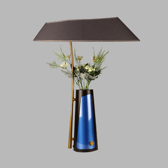 Modern Geometric Table Lamp With Flower Vase 1-Light Black Nightstand Light